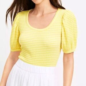 Ann Taylor LOFT Women's Lemon Squeeze Stripe Crinkle Puff Sleeve Top Sz S Blouse